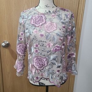 Lipsy Embroidered Scalloped Hem Fairycore Mesh Floral Bell Sleeve Top